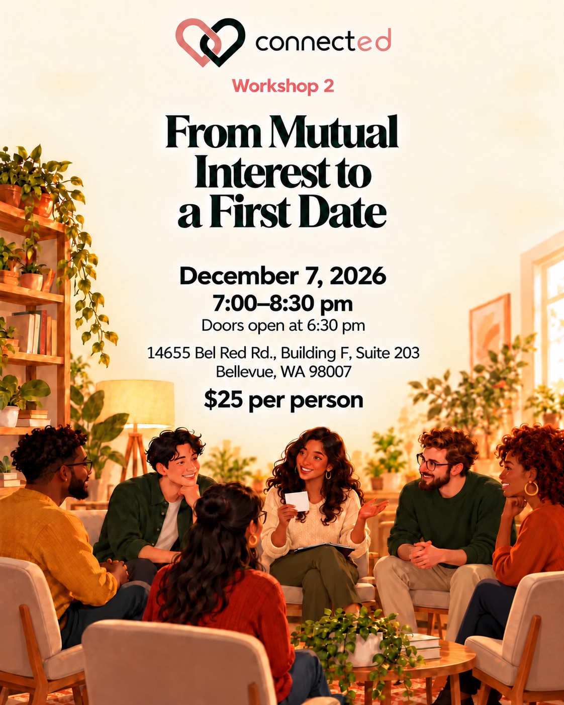 Connected first-date workshop, December 7, 2026. Diverse adults practicing a guided hypothetical scenario.