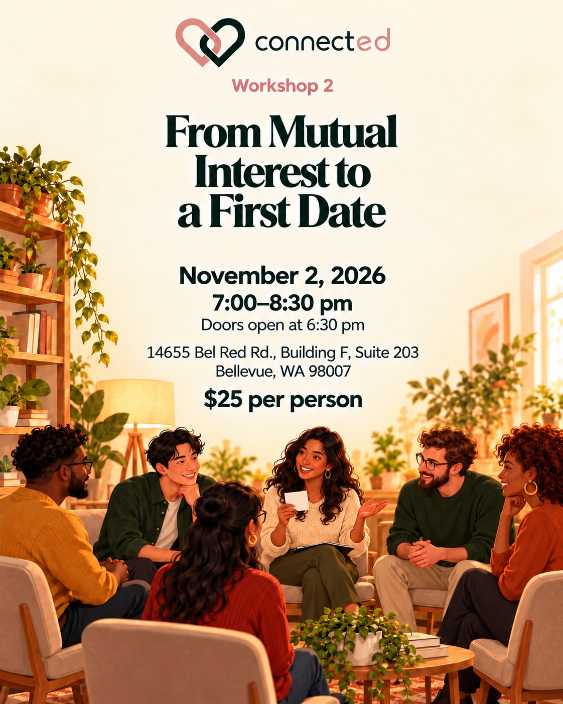 Connected first-date workshop, November 2, 2026. Diverse adults practicing a guided hypothetical scenario.